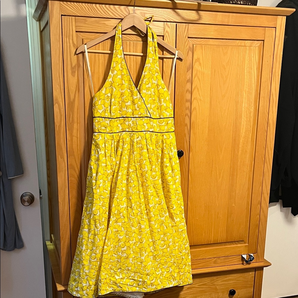 Moulinette Soeurs Bright Yellow Floral One-Shoulder Halter Dress lemon pattern